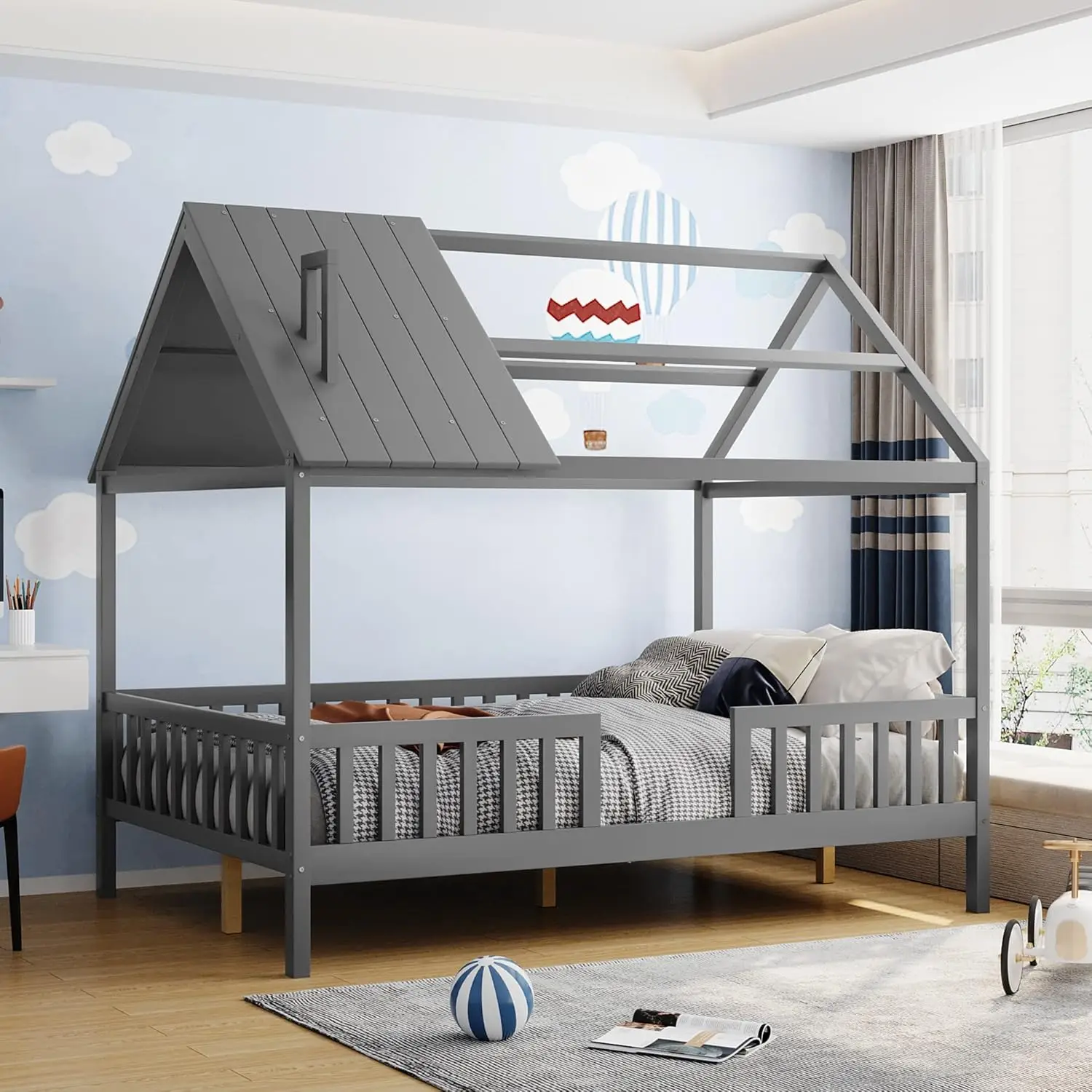 

Full House Bed for Kids,Wood Full Frame House-Shaped Bed Platform Frame with Roof Windows and Full-Length Safety