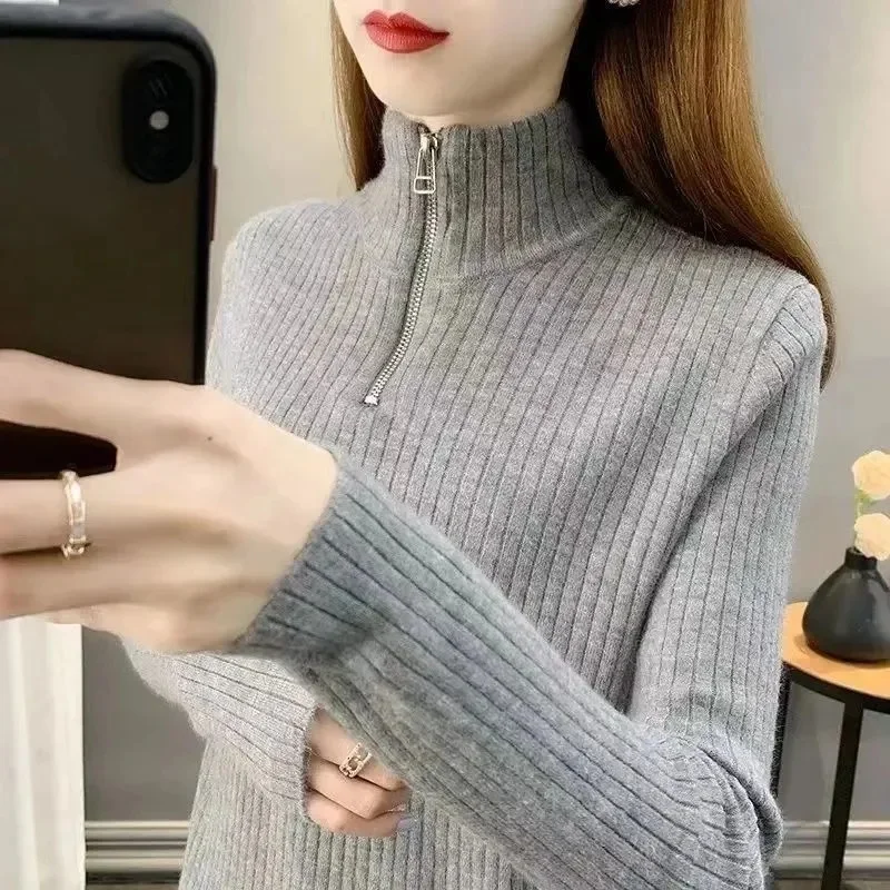 Autumn Winter Solid Basic Knitted Tops Women Turtlneck Zipper Sweater Long Sleeve Casual Slim Pullover Shirts Korean Soft Jumper