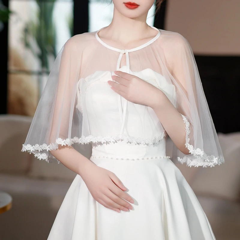 Elegant Lace Mesh White Shawl Stand Collar Sheer Cape Fashion Bride Wedding Party Dress Shoulder Wrap