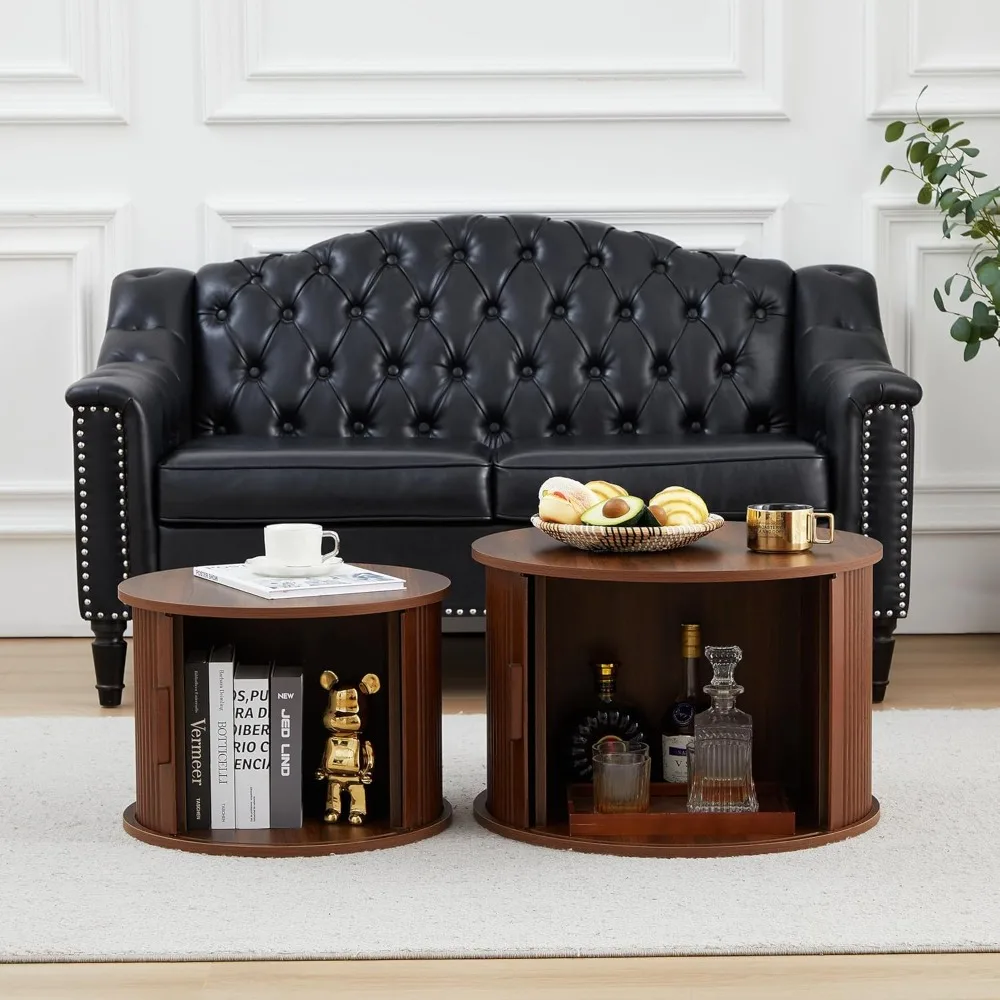 Contemporary 2-Piece Coffee Table Set with Storage and Sliding Door, Fluted Design for Living Room