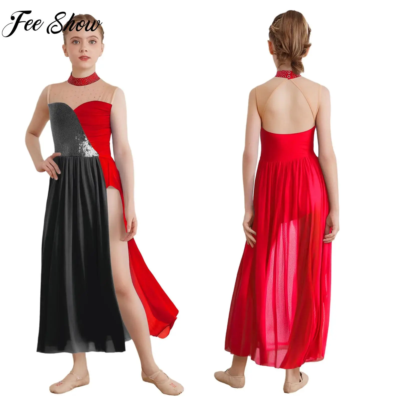 

Kids Girl Sequins Lyrical Dance Dress Sleeveless Leotards Dresses Modern Contemporary Costume Shiny Ice Skating Ballet Dancewear