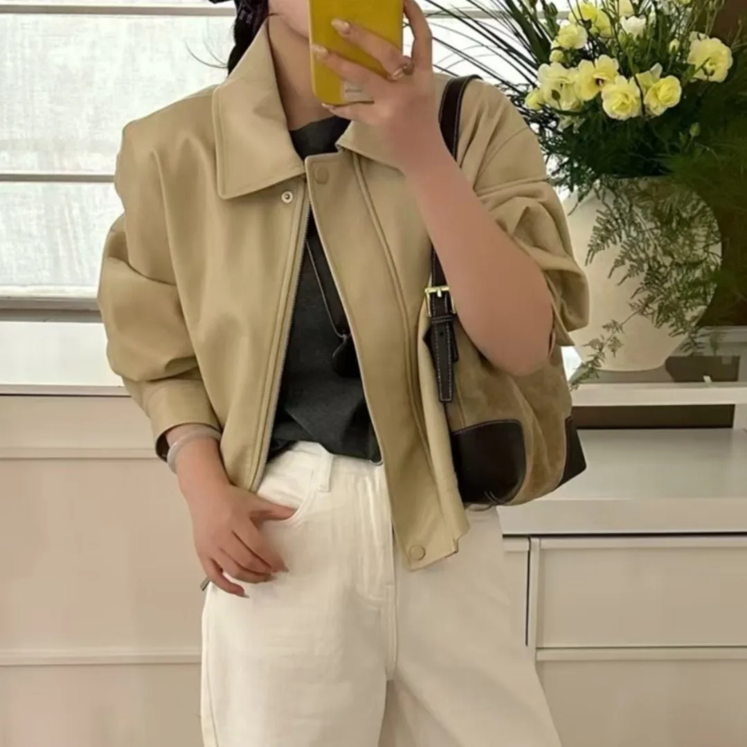 Biker da donna Jaet Chic Versatile Semplice Retro Sle Faion Cappotto in pelle allentata Inizio autunno Nuovo arrivo Lungo Sve Top