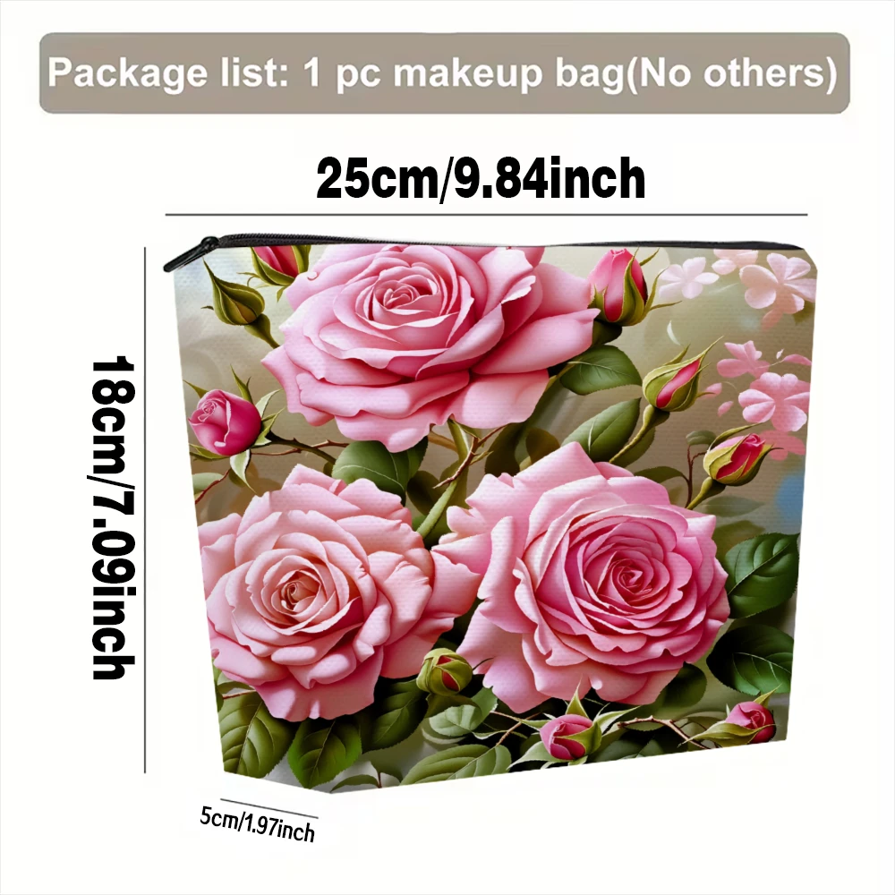Pink Roses Floral Pattern Print Makeup Bags for Girls Cosmetic Pouch Toiletry Bag Pencil Case Travel Storage
