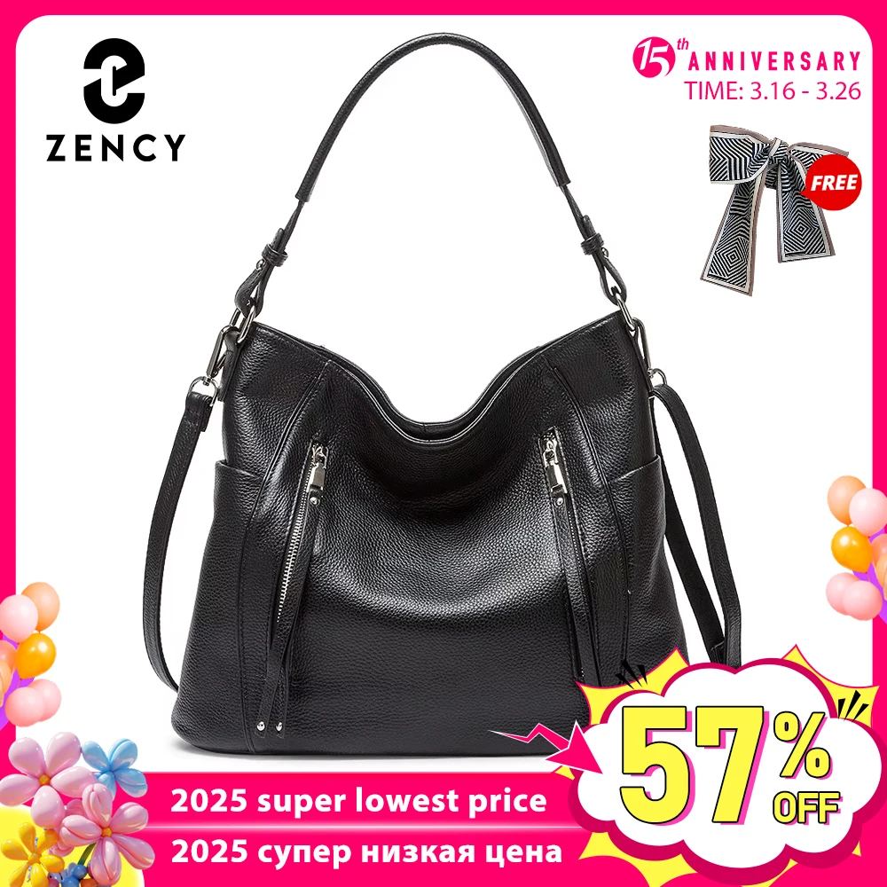 ZENCY 2025 New Handbag Luxury Genuine Leather Bag for Women Shoulder Tote Crossbody Double Zipper Pocket Charming Red Hobo Bag