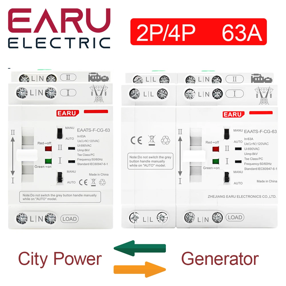 

Din Rail 2P 4P 63A AC110V AC220V ATS Dual Power Automatic Transfer Switch Electrical Selector Switches Uninterrupted Power