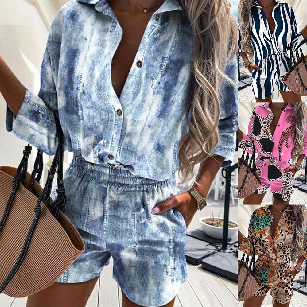 Casual Two Piece Sets Womens Outfits 2023 Spring Leopard Print Button Shirt Top And Shorts 2 Piece Set Summer Beach Shorts Women