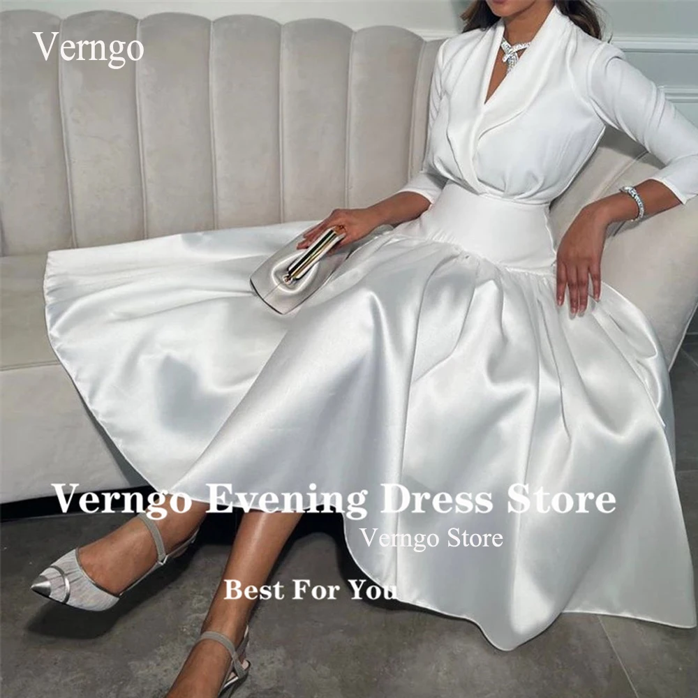 

Verngo Vintage White Silk Satin Arabic Women Formal Party Evening Dresses 3/4 Long Sleeves V Neck Tea Length Prom Gown Garment