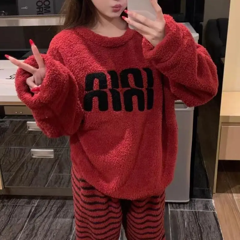 

Red Pajamas Set For Women Winter Fleece Homewear Loungewear New Year Festive Thick Warm Sleepwear Cozy Nightwear Outfit