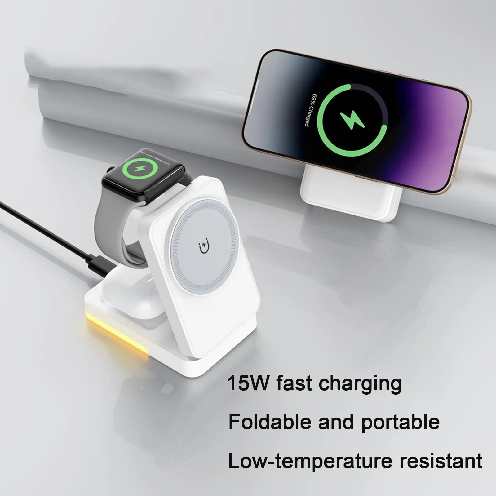 3-in-1 Foldable Wireless Charger 15W Magnetic Induction Charger Portable Travel Fast Charging Station for iPhone Watch Earphones view 3