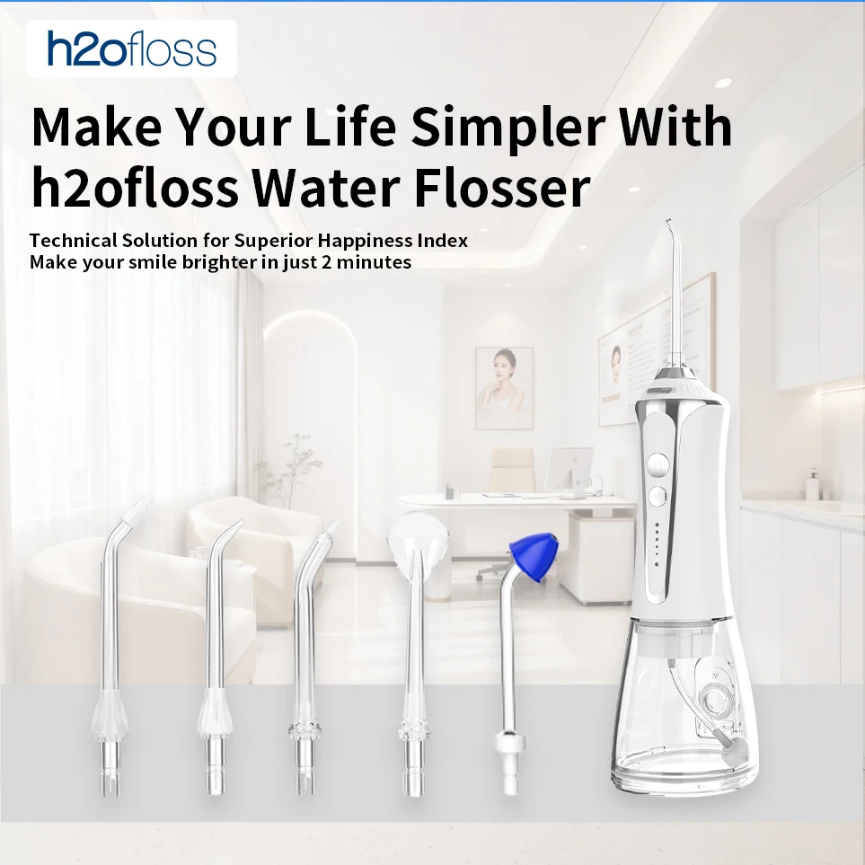 H2ofloss Kabelloser Tragbarer Wasserflosser 300ml 5 Modi IPX7 Wiederaufladbarer Mundduschen-Irrigator mit 5 Düsen 2500mAh Lokaler Versand – Detail 1