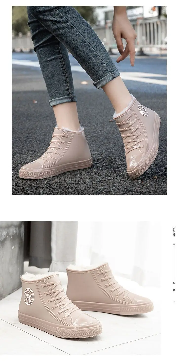 Stilvolle warme Damen-Regenschuhe mit Fell, wasserdichte Winterstiefel, Damen-Galoschen, modische Garten-Regenschuhe, Plüsch-Regenstiefel der Marke – Detail 15