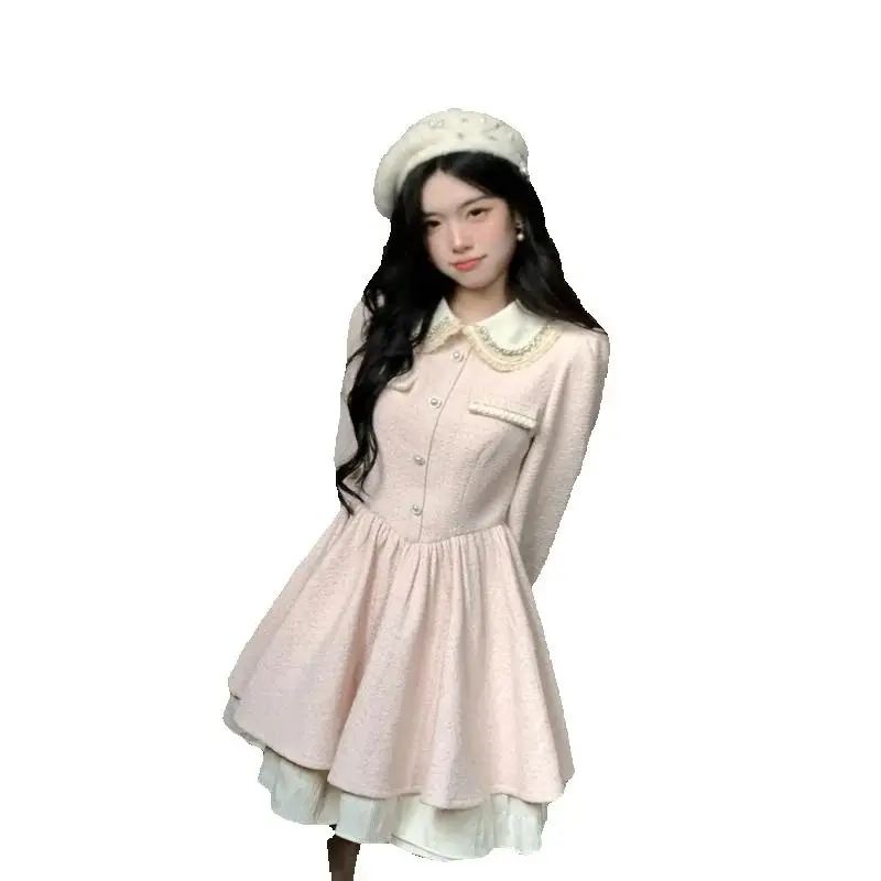 Coreia doce falso duas peças gola boneca pérola botão duffle em camadas vestido de emenda feminino pequeno estilo perfumado vestido de princesa