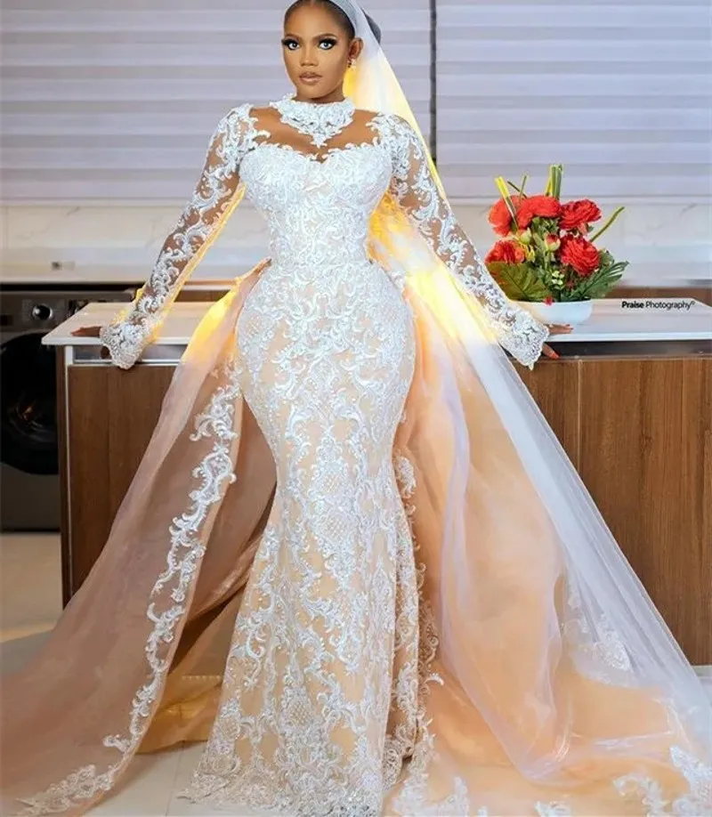 

2025 Arabic Aso Ebi Plus Size Champagne Mermaid Wedding Dress Lace Detachable Train Bridal Bride Gowns Vestidos De Noiva