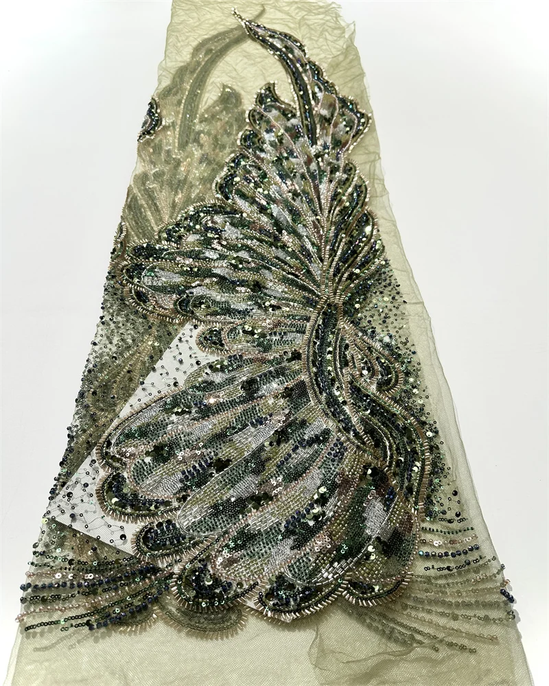

Luxury African Beaded Heavy Lace Fabric High Quality Nigerian Sequins Lace Fabric For Bridal Wedding Party Dresses