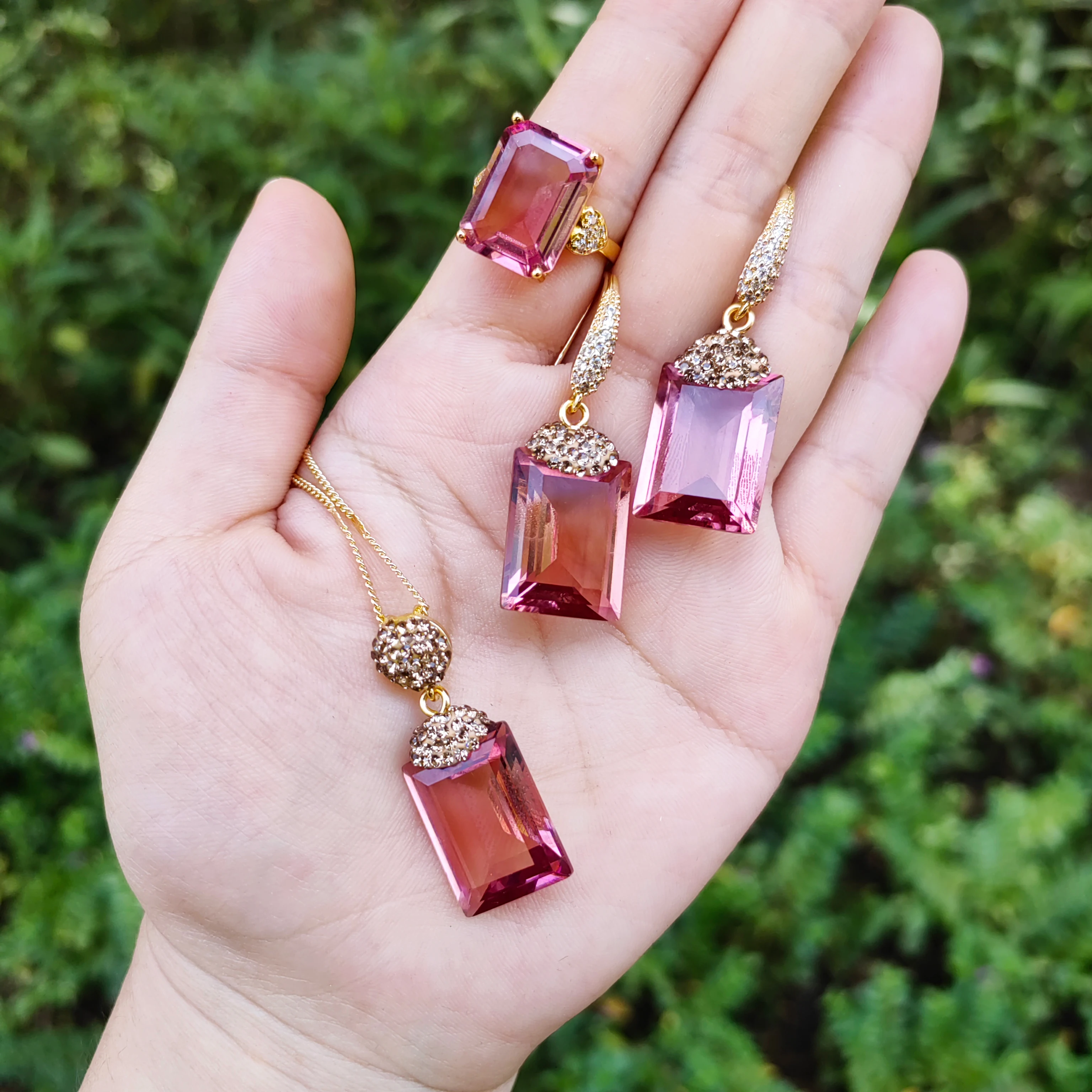 BOCARMAN Synthetic Color-change Sultanite Rectangular stone adjustable ring earrings necklace Jewelry Set for women change color