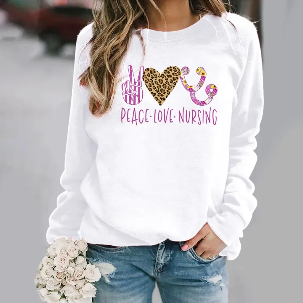 Love Pattern Printed Long-sleeved Crew-neck Hoodie Woman Sweatshirt Clothes Streetwear Women Sweatshirts