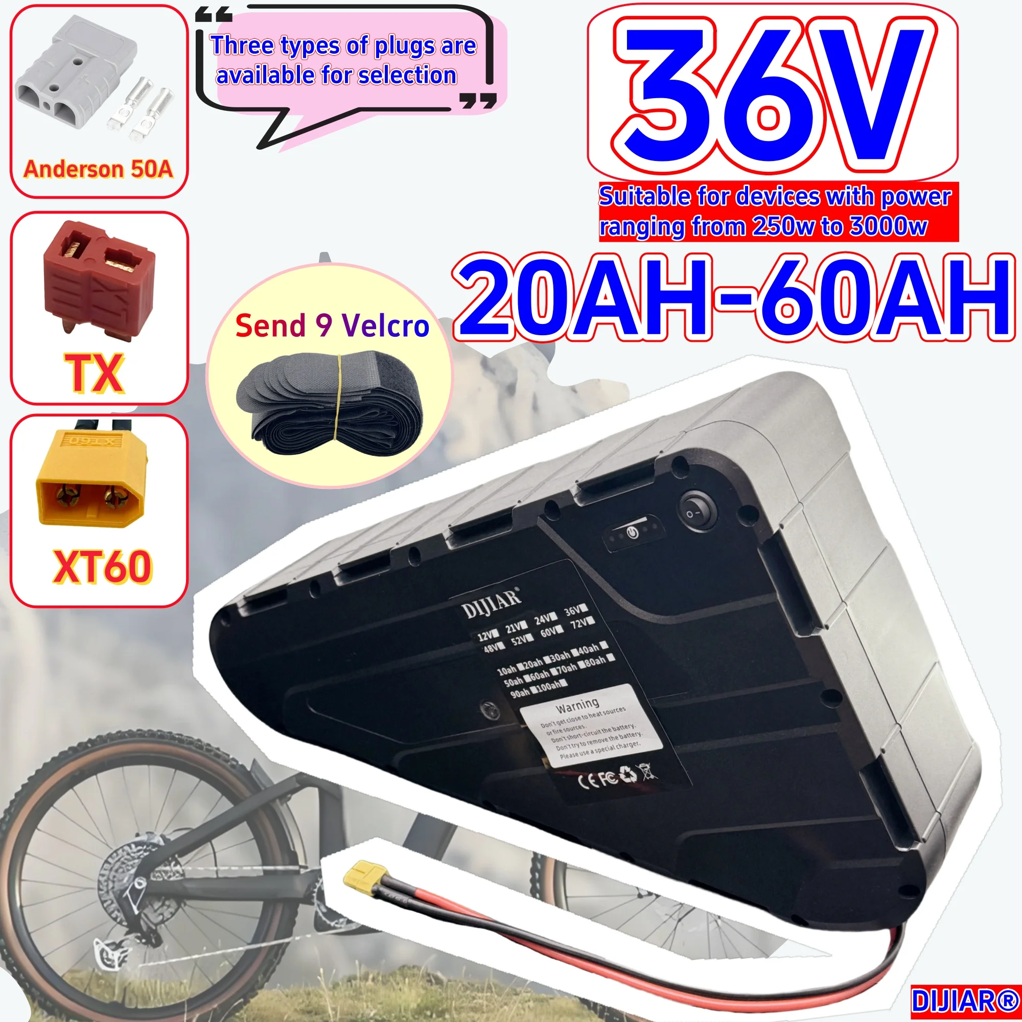 

Triangle pack battery 36V20AH-60AH,large capacity waterproof hard shell, suitable for mountain bikes, crossbeam bikes 500W-2000W