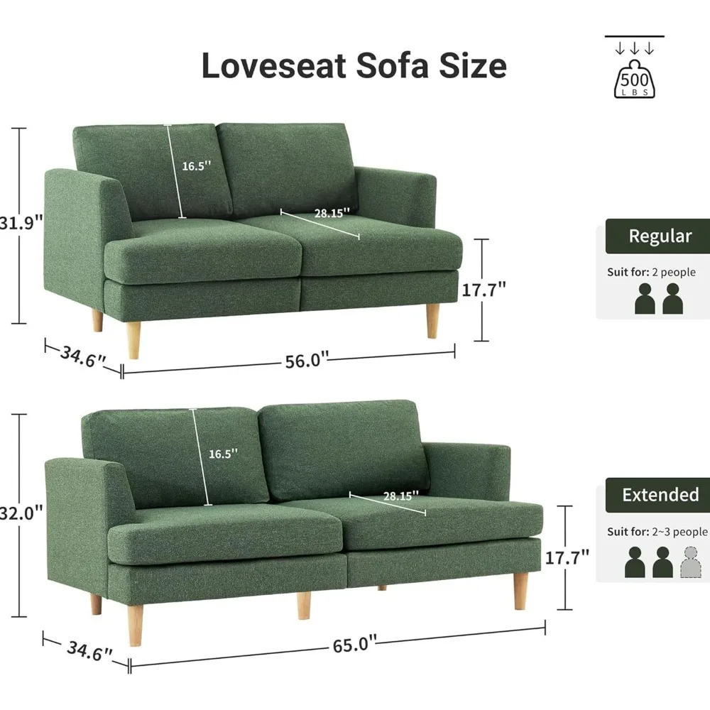Sofá compacto verde de 2 plazas para espacios pequeños, sofá tapizado de estilo moderno de mediados de siglo