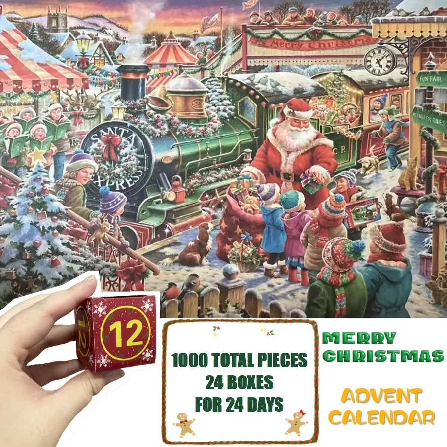 Calendrier de l'Avent de Noël 1000 pièces : Puzzle Scène de Train Festive avec Père Noël et Village Enneigé – Compte à rebours de 24 jours