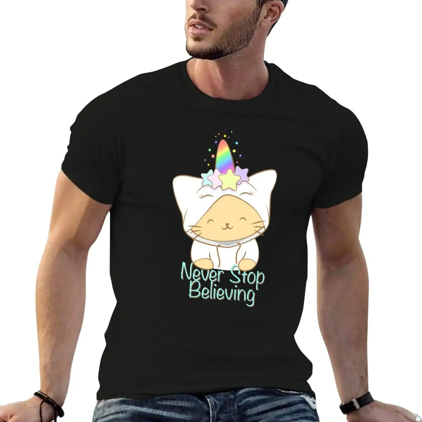 

Caticorn the Unicorn Cat in Hoodie - Never Stop Believing (in Magic) T-Shirt Aesthetic clothing for a boy mens funny t shirts