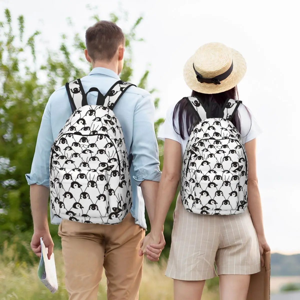 Mochila de grande capacidade para homens e mulheres, Bolsa escolar para estudante, bonito padrão pinguim