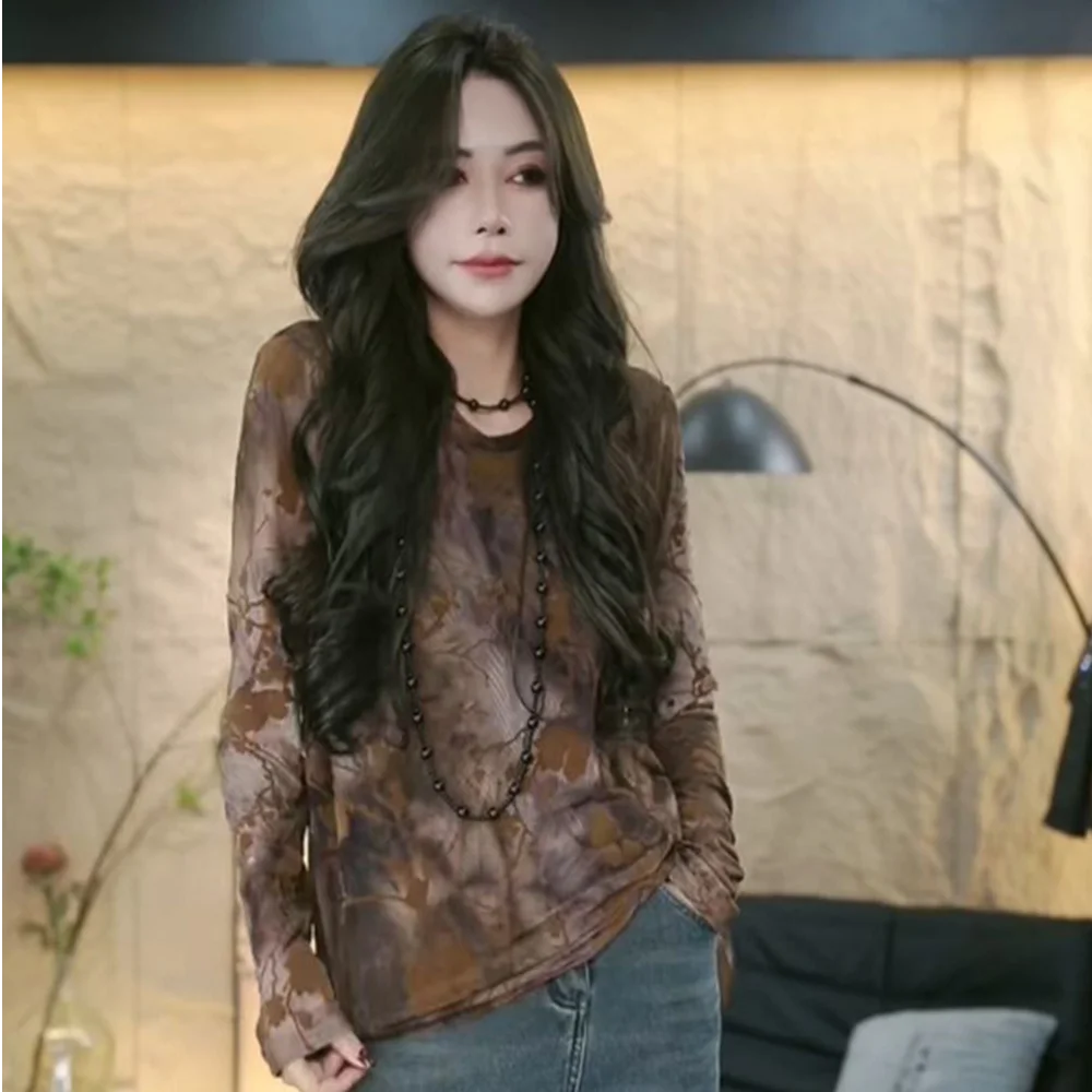 تي شيرت بأكمام طويلة للمراهقين والنساء بحاشية بتلات ربيعية وخصر برباط وطيات بسيطة وطبقات منعشة وبسيطة ونظيفة حضرية #4