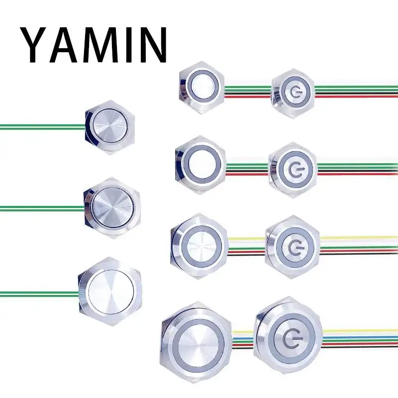 12/16/19/22/25/30mm Stainless Steel Ultra Short Metal Push Button Switch With Wire 220V LED Light Momentary Reset Waterproof