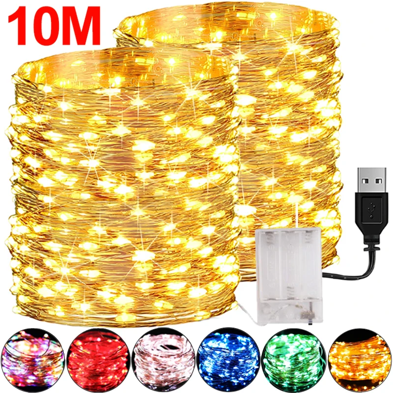 Guirnalda de luces LED de alambre de cobre, luces de hadas alimentadas por batería USB, impermeables, para exteriores, Navidad, boda, decoraciones