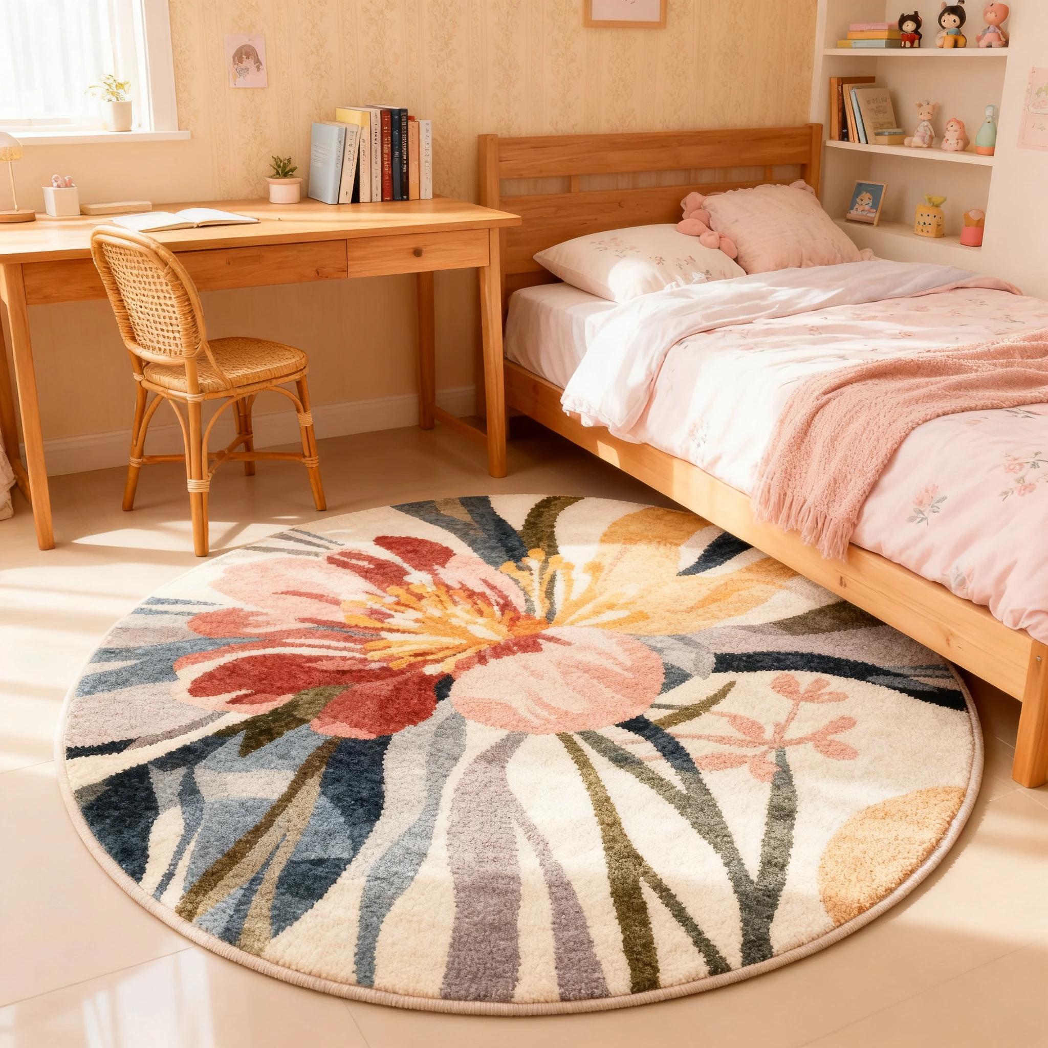 French Style Living Room Decoration Round Carpet Flower Pattern  Rugs for Bedroom Thicken Plush Lounge Rug Fluffy Soft Floor Mat