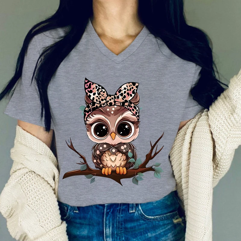 Cartoon Leopard Owl Print T Shirt Women Cute Owl Graphic Shirts Casual Short Sleeved White Female Tee V-neck Harajuku T-shirts