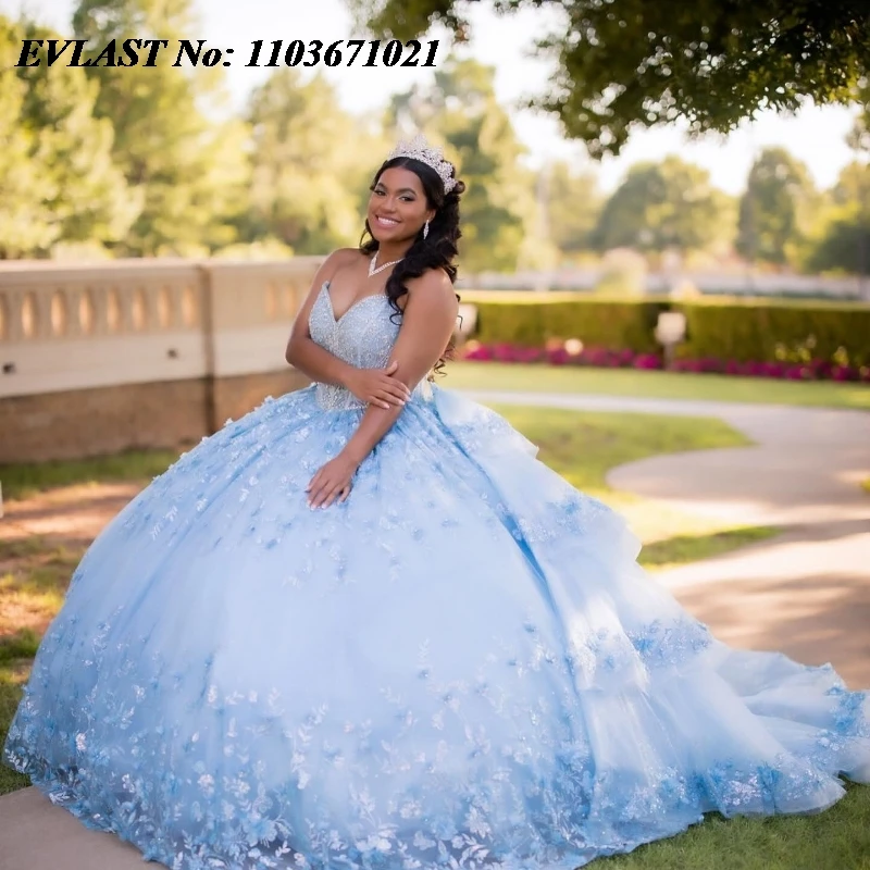 

EVLAST Shiny Sky Blue Quinnceanera Dress Ball Gow 3D Lace Applique Beading With Bow Corset Sweet 16 Vestidos De 15 Anos SQ609