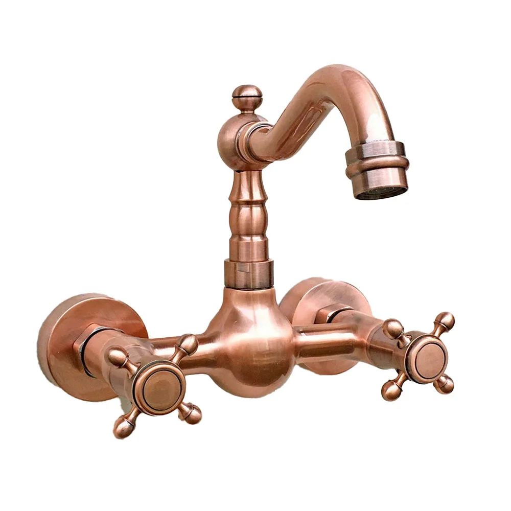

Antique Red Copper Brass Wall Mounted Kitchen Bathroom Swivel Spout Faucet Mixer Tap arg030