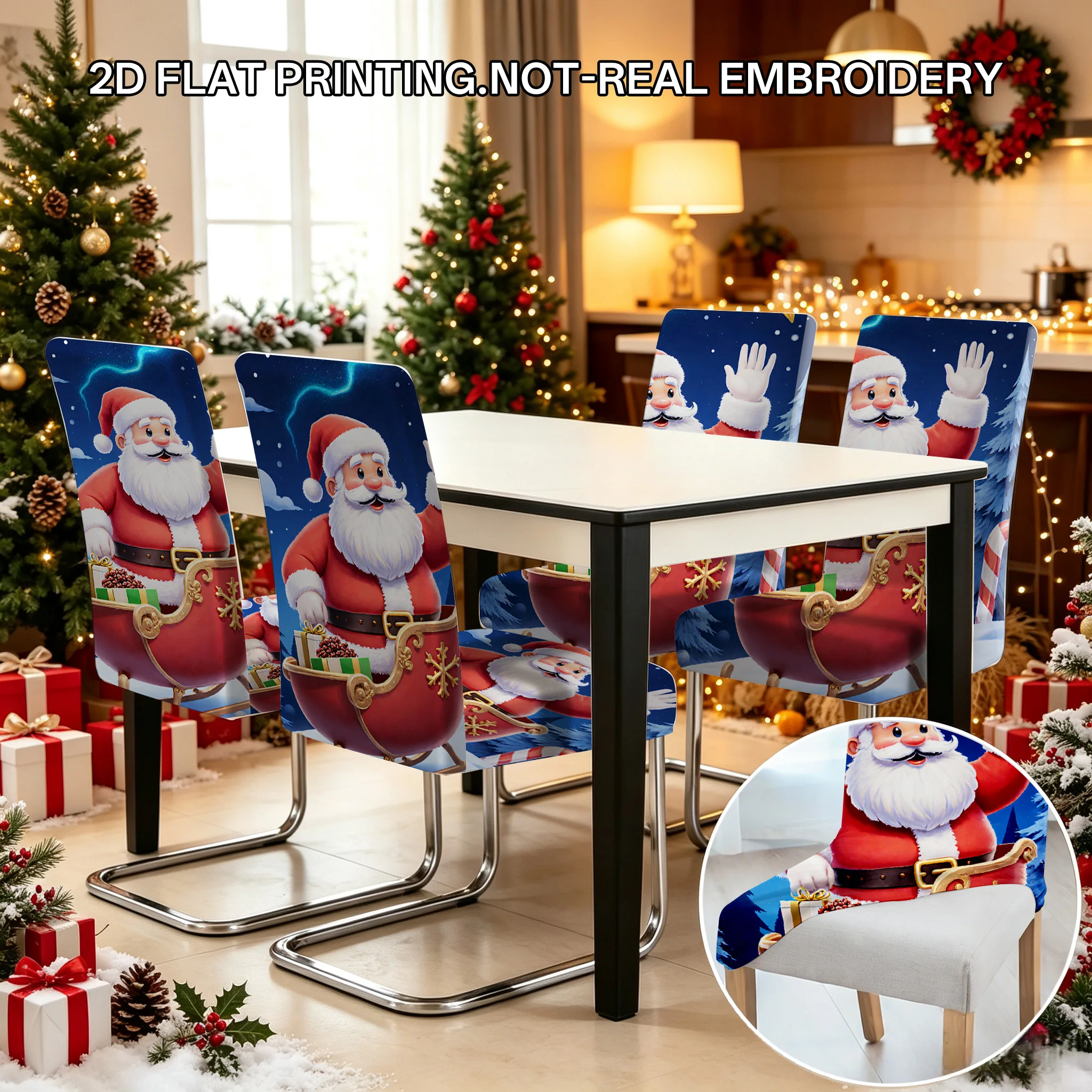 2/4/6 PCS Christmas Santa Sleigh Printed Elastic Dining Chair Covers, 2D Flat Printed Christmas Decoration Chair Covers