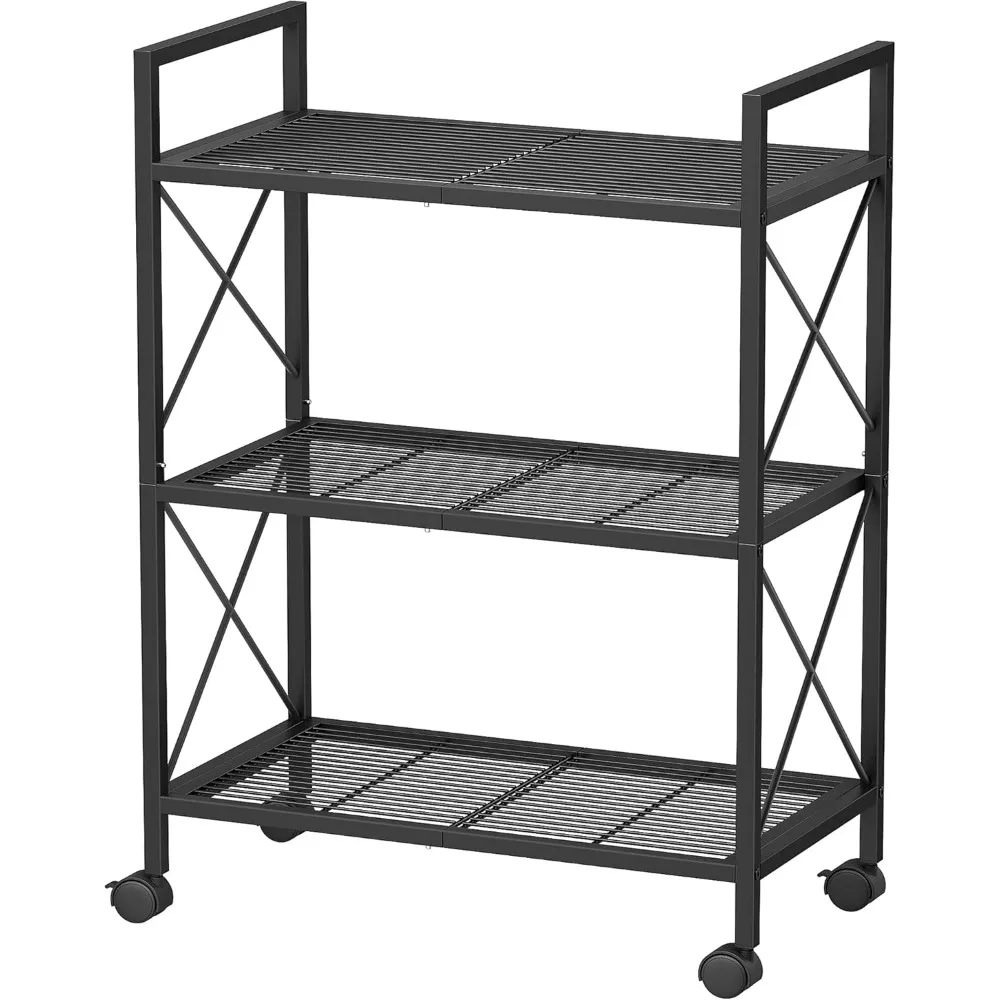 

Three-Tier Metal Storage Rack with Wheels, Mesh Shelves, X-Frame Design, 23.6-Inch Wide, Suitable for Entryway and Kitchen Use