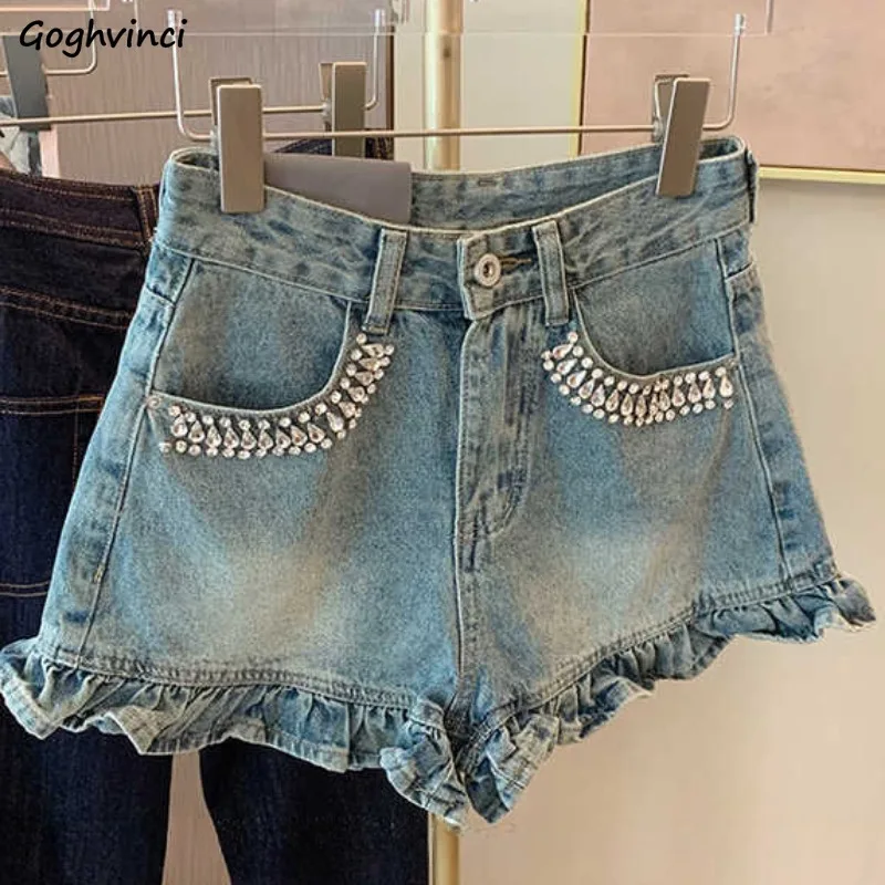 

Ruffles Design Shorts for Women Summer Students Washed Denim Diamonds Niche Fashion College Clothing All-match Hot Girls Chic