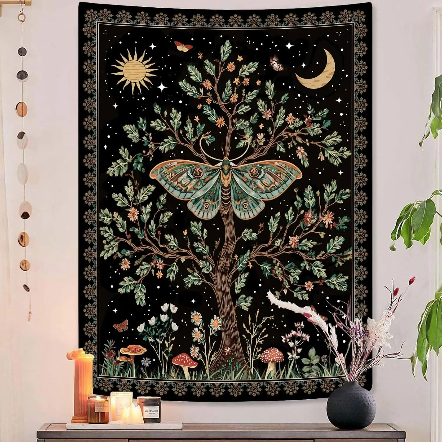 Starry Sky Wall Tapestry - Celestial Moth & Tree of Life Wall Hanging for Bedroom and Living Room - Boho Nature Decor Tapestries