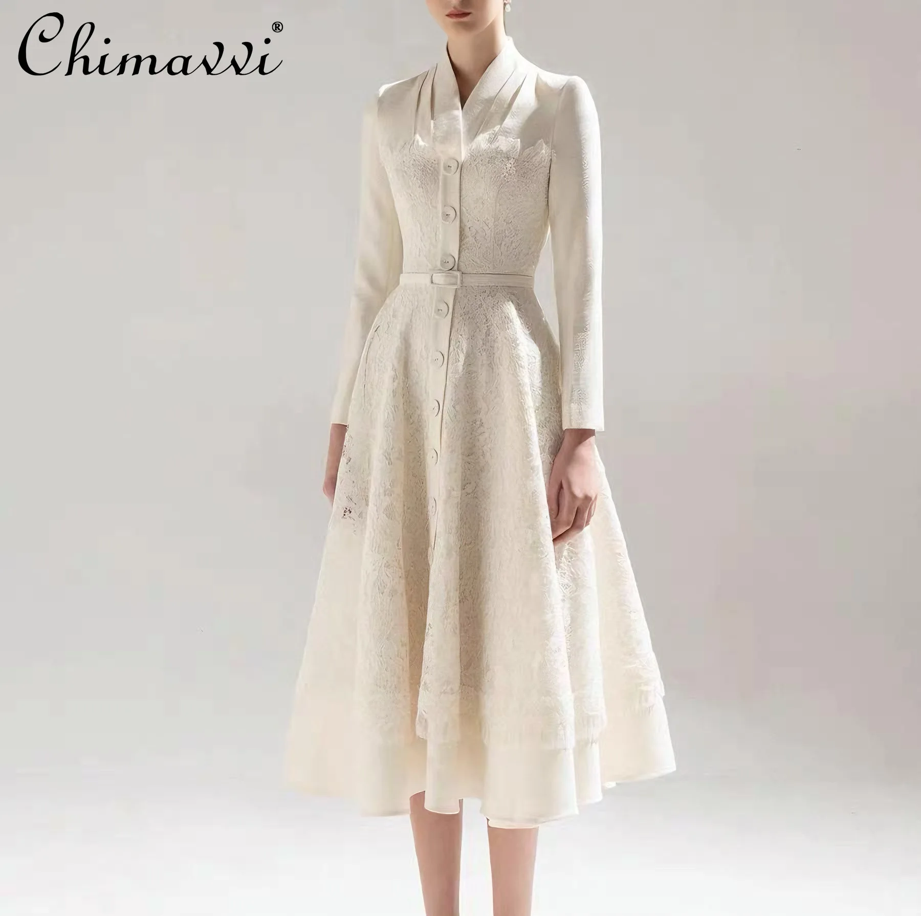 

Высококачественное модное лоскутное кружевное платье, расклешенное платье из двух частей, весенне-осеннее новое элегантное женское платье с длинным рукавом и высокой талией