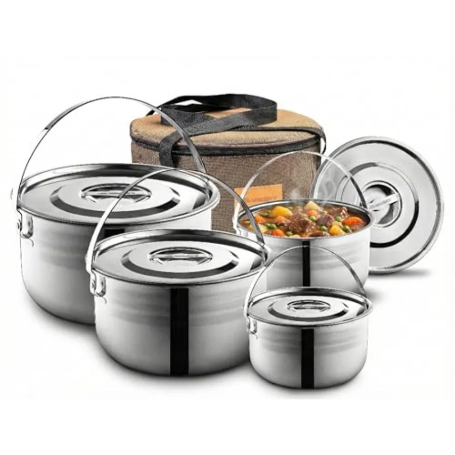 

Camping Cookware Set - Compact Stainless Steel Campfire Cooking Pots and Pans Combo Kit with Travel Tote Bag Rugged Outdoor Coo