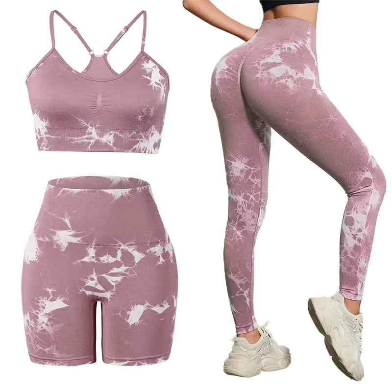 CHRLEISURE 2/3PCS Tie Dye Yoga Set Seamless Sports Suit for Women Elastic Gym Athletic Fitness Outfit Outdoor Running Sportswear