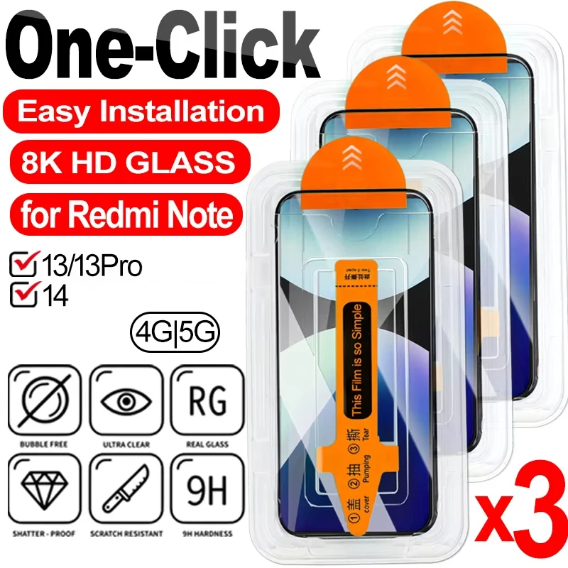 

3Pcs 8K HD Screen Protector For Xiaomi Redmi Note 13 13Pro 14 12 11 10 9 Tempered Glass Film Redmi 15C 14C 13C 12C Auto Install