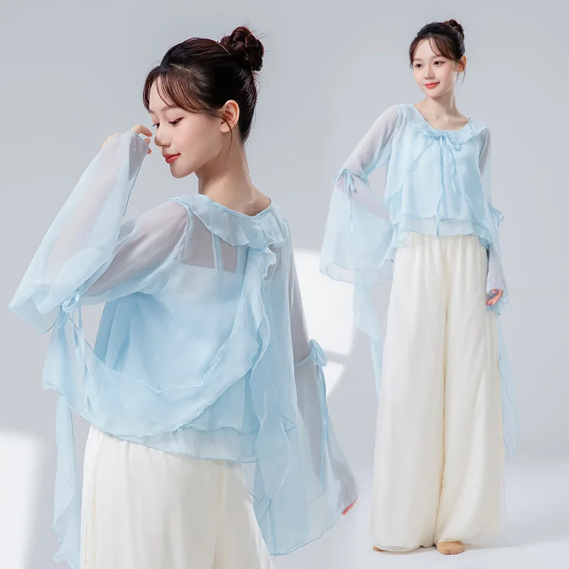 قمصان نسائية صيفية للرقص الكلاسيكي مع سترة بأكمام مضيئة وقمصان ملفوفة أنيقة لممارسة الجنية زي أداء المسرح