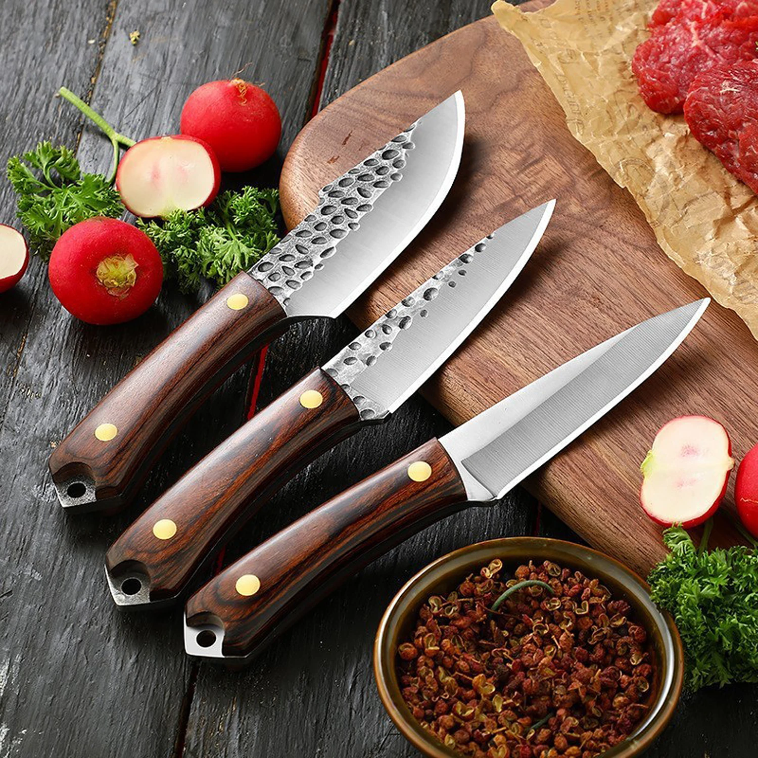 Kitchen knife, Hand forged solid wood handle sharp knife, Household meat cutting knife, Bone cutting knife, Peeling knife