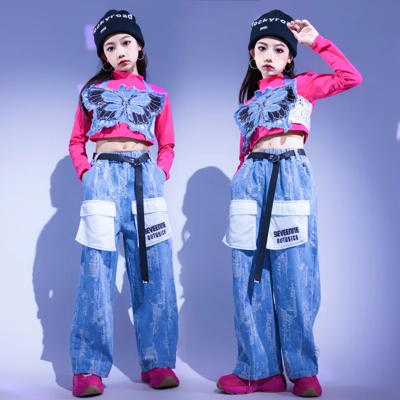 Girls Hip Hop Jazz Clothes Sets Halter Butterfly Sling Top+T-shirt+Denim Skirt Jeans Kids Performance Suit Street Dance Costumes