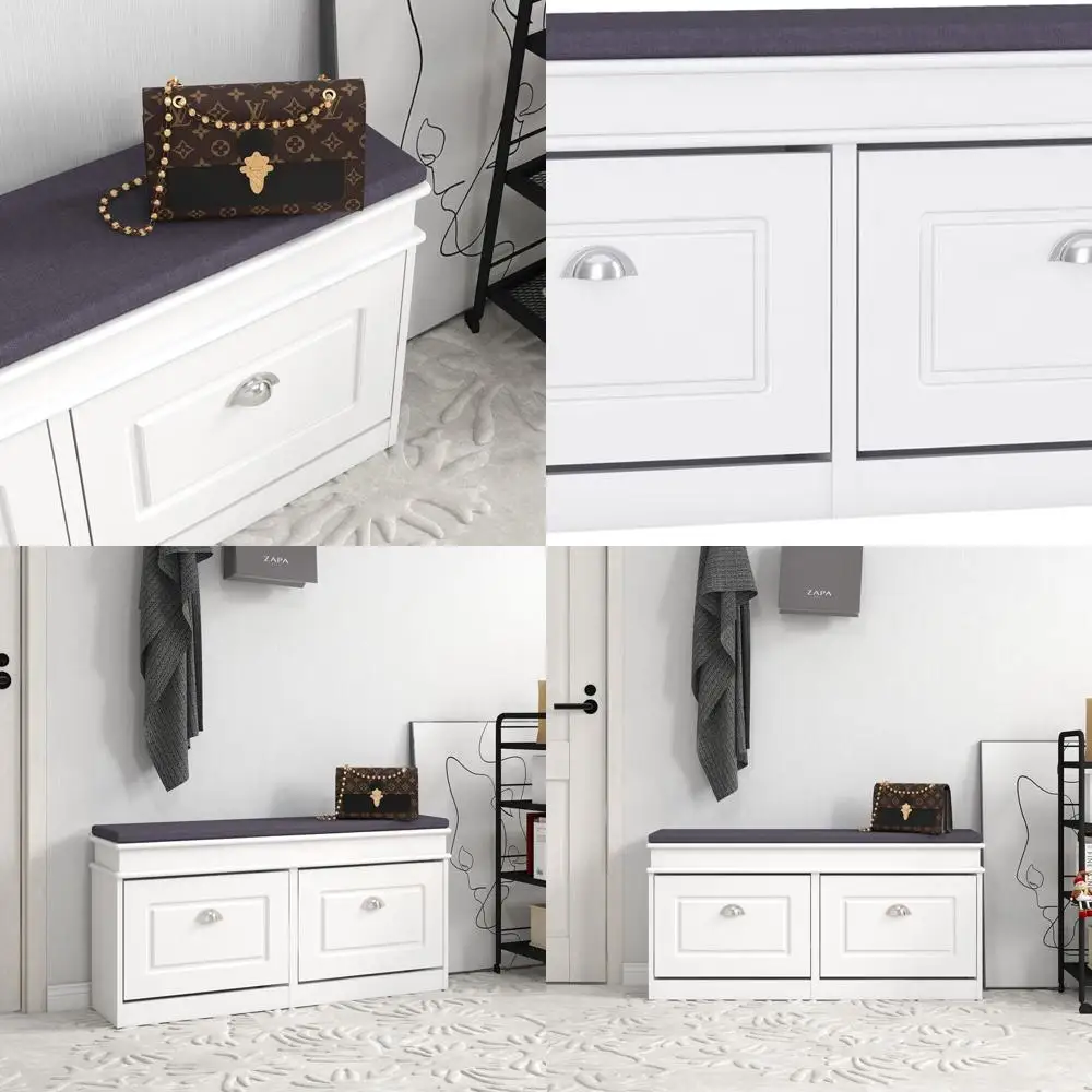 

White Storage Bench with Cushion and 2 Drawers for Shoes, Ideal for Closets and Mudrooms