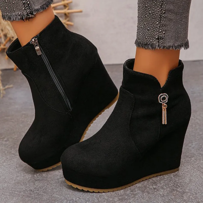 New Autumn Winter Stylish Women Ankle Boots 2026 Sexy Platform Round Toe Wedges Boots Woman Ladies Chunky Shoes Zapatos De Mujer