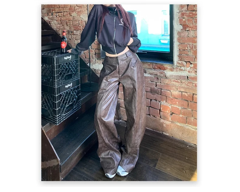 Lautaro Spring Long Loose Casual Soft Distressed Brown Pu Leather Wide Leg Pants for Women High Waist Korean Style Fashion 2024
