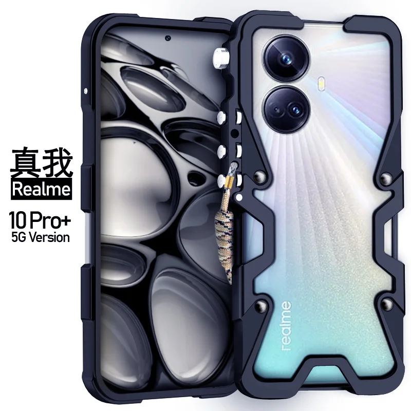 

Luxury Armor Metal Aluminum Phone Cases Bumper For Oppo Realme 10 Pro Plus Cover Mechanical Purely Handmade Skull Case