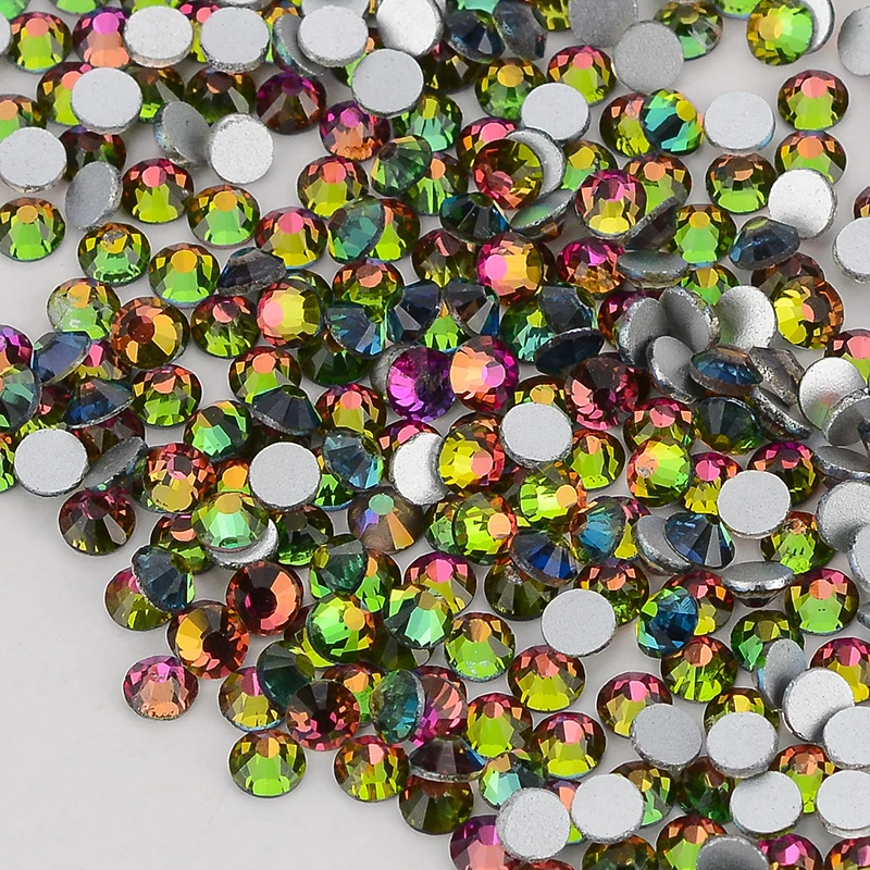 SS3-SS30 Rainbow Glass Flatback Rhinestone Glitter Colorful Round Silver Bottom Glue On Crystal Stones for Dress Decoration