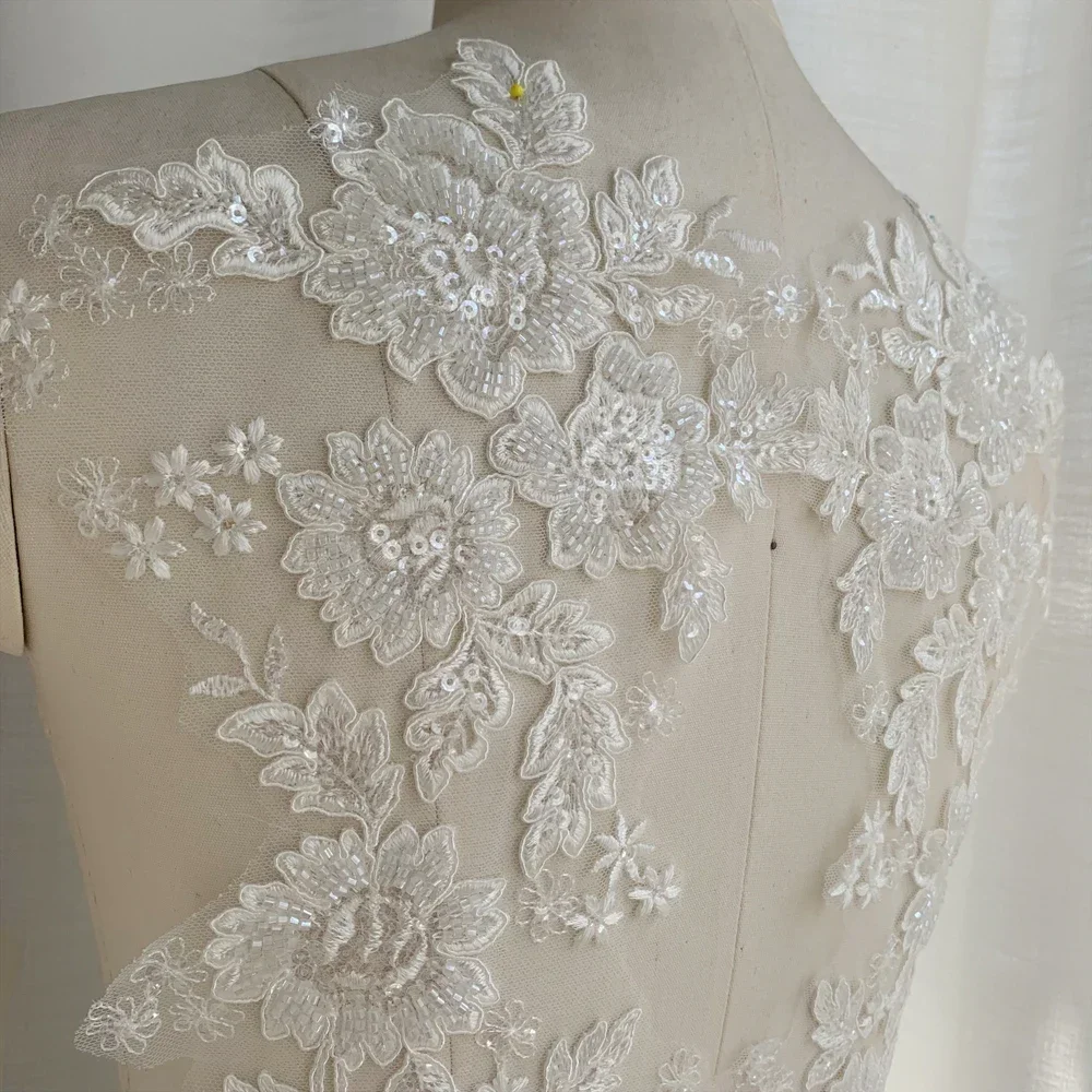 

48.5 * 19CM White Artificial Silk Bead Sequin Flower Embroidery Lace Mirror Sticker Wedding Dress Clothing Background Decoration