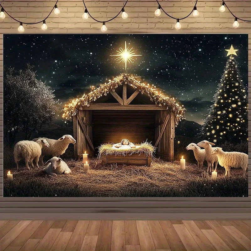 1 Stück Krippen-Hintergrund mit Krippe, Schaf und Weihnachtsstern – Polyester-Urlaubs-Hintergrundstoff für Weihnachten